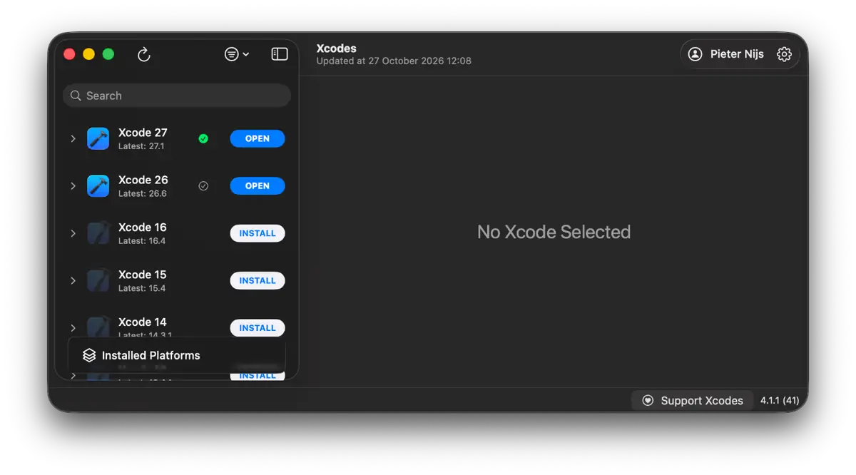 Xcodes with Xcode 27.1 and Xcode 26.6 installed side by side.